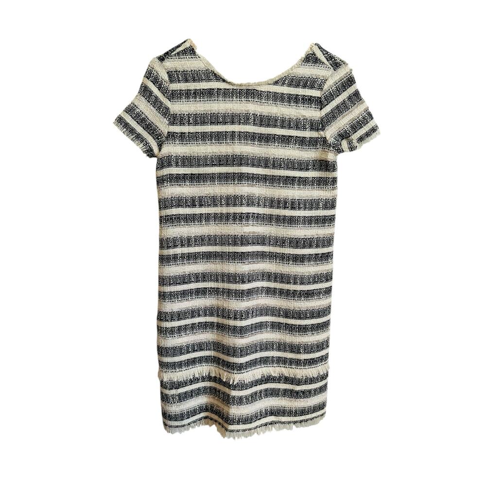 Zara Low Back Cream Black Striped Tweed Shift Dress with Fringe Detail Small - Picture 5 of 11